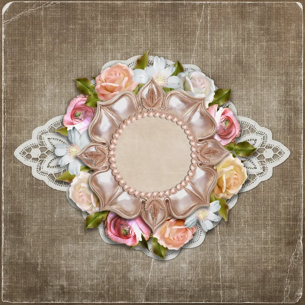 Vintage background with retro frame with flowers and lace — Stock Photo, Image
