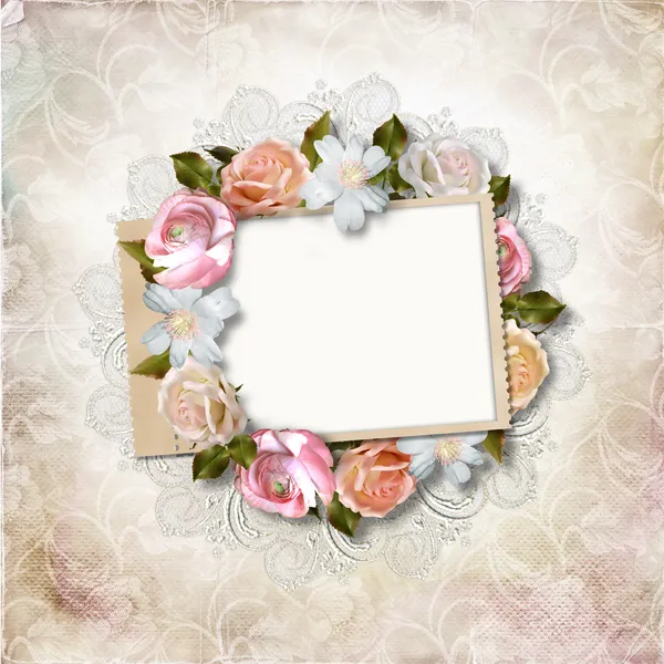 Vintage background with stamp-frame and roses — Stock Photo, Image