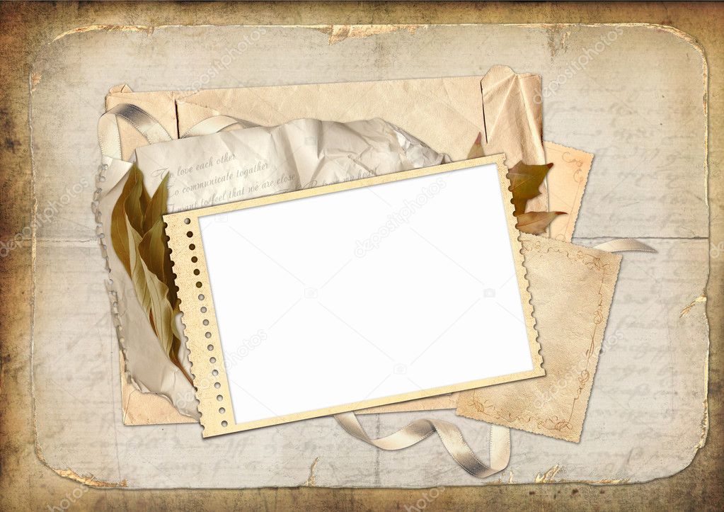 Vintage paper background with frame, leaves and tape