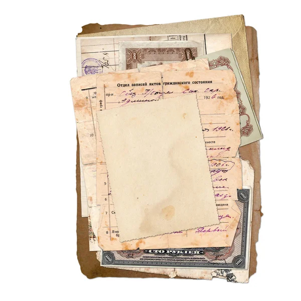 Oude archief met brieven, foto's, geld — Stockfoto