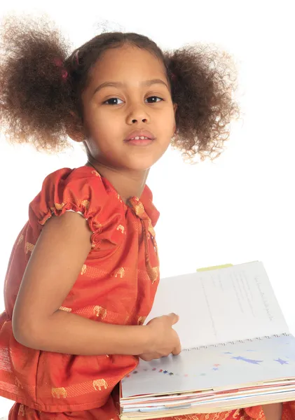 African American Asian black child reads a book isolated metisse — Stock Photo, Image
