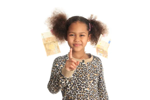 African American child with Asiatic black money euros on hair — Stock Photo, Image