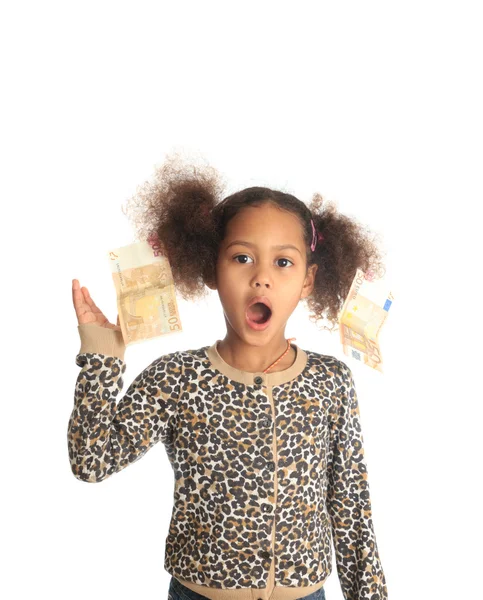 African American child with Asiatic black money euros on hair — Stock Photo, Image