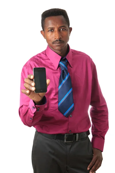 Uomo d'affari nero con cravatta e telefono isolato — Foto Stock