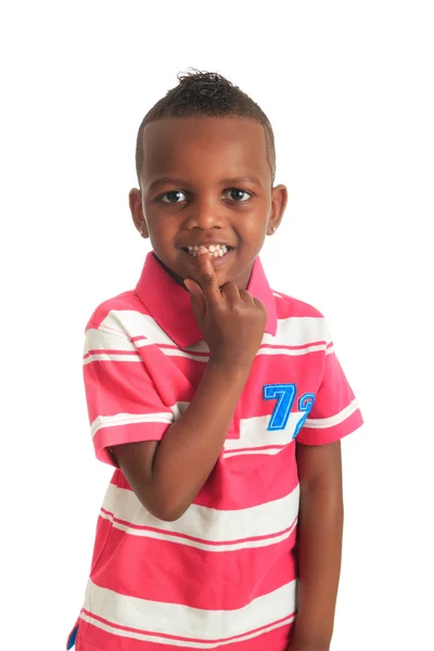 Afro amerykańskiej, piękne dziecko czarny, który uśmiecha się na białym tle — Zdjęcie stockowe