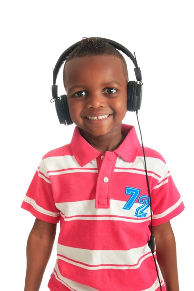 Afro-americano criança negra ouvindo música isolada — Fotografia de Stock