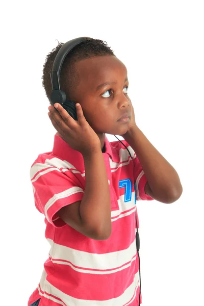 Afro-americano criança negra ouvindo música isolada — Fotografia de Stock