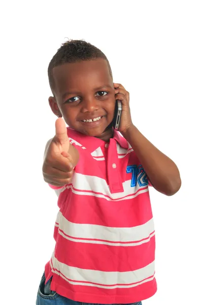 Afro-Amerikaanse kind met zwarte telefoon geïsoleerd — Stockfoto