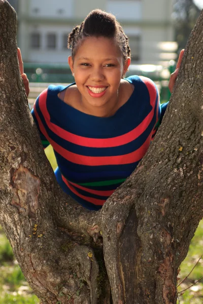 美しい女性アフロ アメリカン黒い木公園内 — ストック写真