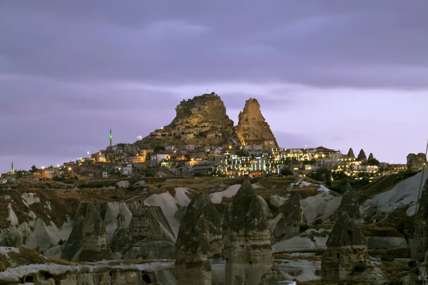 stock image Volcanic landscape and a village in Cappadocia