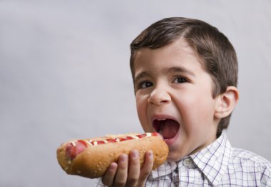 Boy eating hot dog clipart