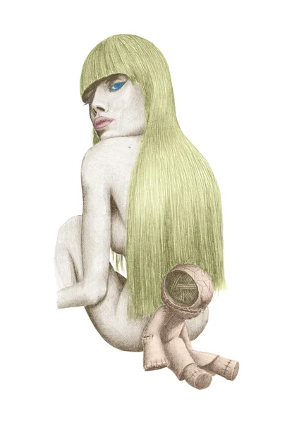 Blondynka z lalką — Zdjęcie stockowe