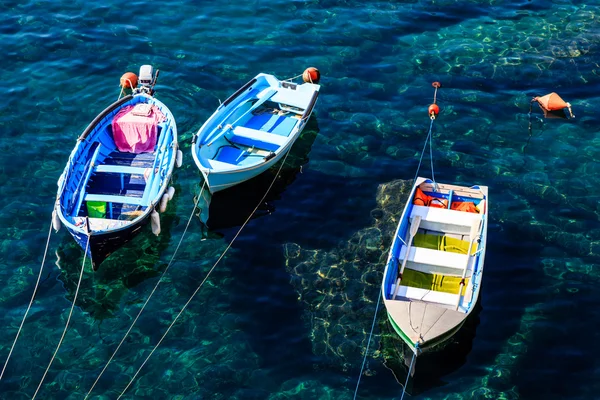 stock image Three Boats Anchored near Riomaggiore in Cinque Terre, Italy