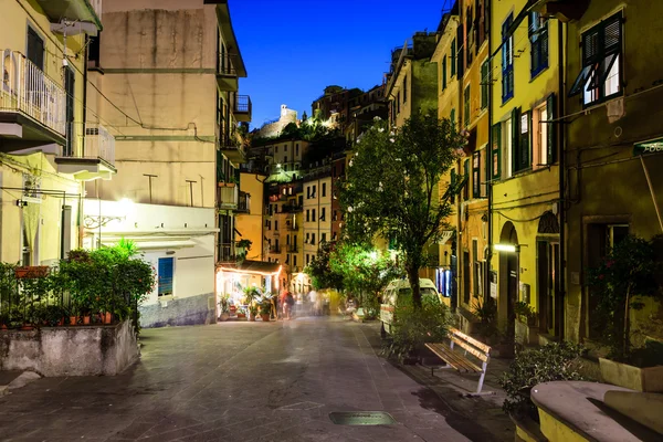 Calle iluminada de Riomaggiore en Cinque Terre por la noche, Ital —  Fotos de Stock