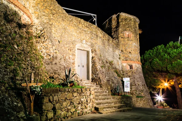 Иллюминированный замок Риомаджоре ночью, Чинкве-Терре, Италия — стоковое фото