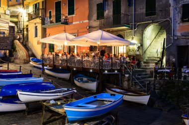 Illuminated Street of Riomaggiore in Cinque Terre at Night, Ital clipart