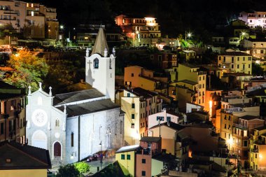 Aerial View on Illuminated Church and Riomaggiore at Night, Cinq clipart