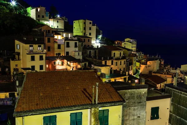Flygfoto på belysta byn riomaggiore på natten, cinq — Stockfoto