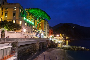 gece, İtalya aydınlatılmış bir Camogli şehir