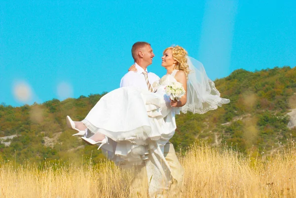 Felicità coppia a piedi nel campo — Foto Stock