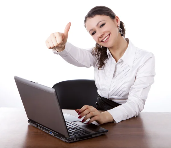 Boldog lány laptop Stock Kép