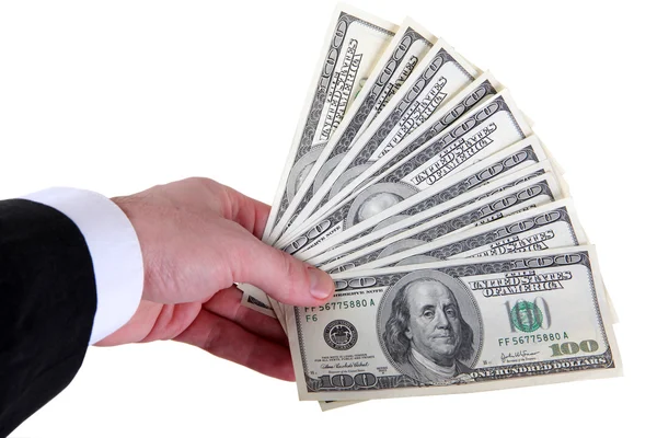 A pénz a kezében elszigetelt fehér background Stock Kép