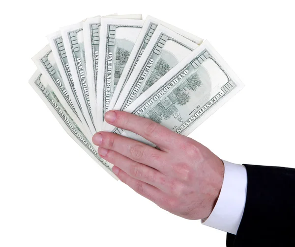 Geld in dollars in iemands hand ventilator — Stockfoto
