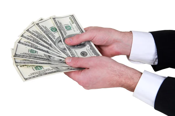 Geld in dollars in mans hand ventilator — Stockfoto
