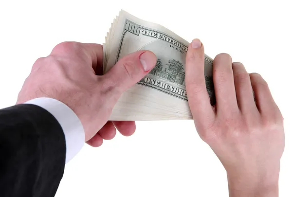 Vrouw geeft een man geld dollar — Stockfoto