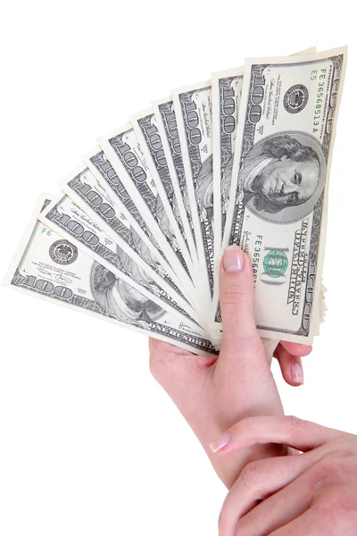 Dinheiro em dólares na mão feminina — Fotografia de Stock
