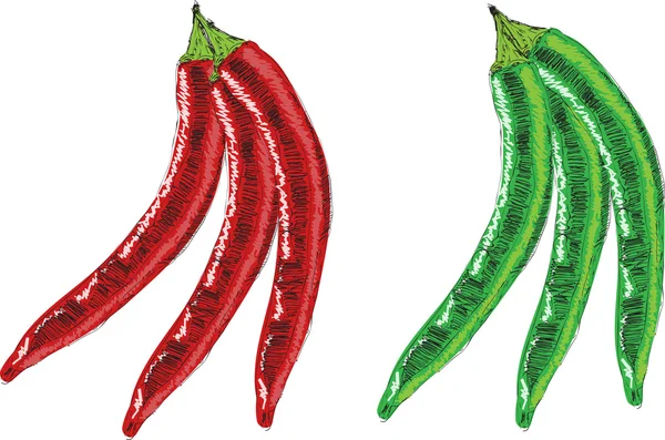 Chili rood dat een groene paprika cartoon schets vectorillustratie — Stockvector