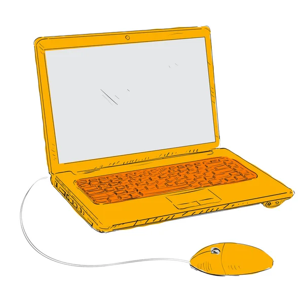 Laptop turuncu çizgi film sketch vektör çizim — Stockvector