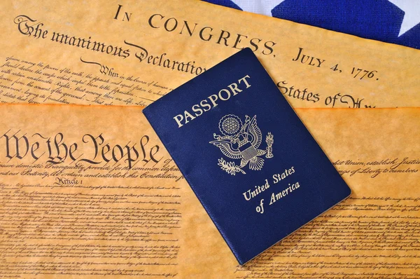 Passport, US Constitution and Flag