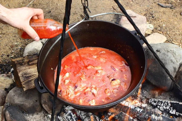 솥에 고기와 토마토 주스 — 스톡 사진