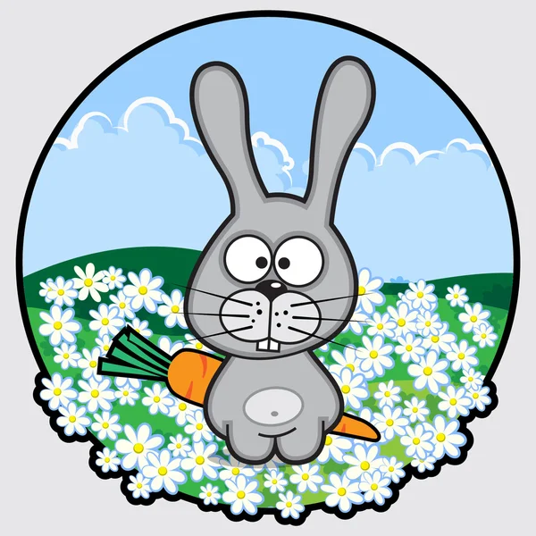 Divertido conejo de dibujos animados en el campo de manzanilla — Archivo Imágenes Vectoriales
