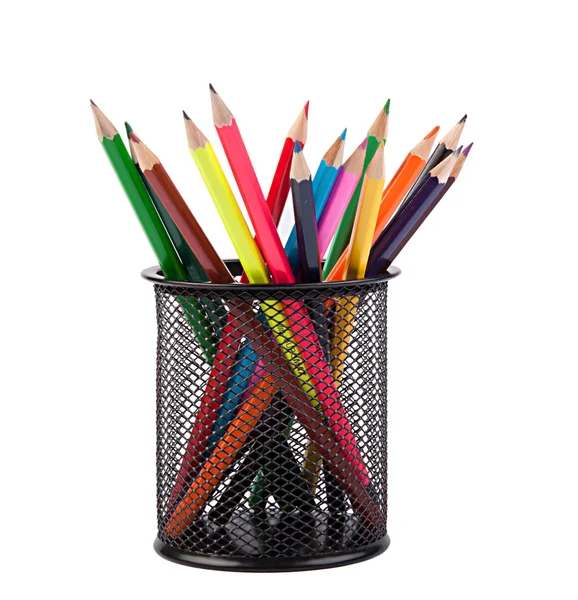 Renkli kalemler siyah tutucu — Stok fotoğraf