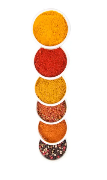 Spices in porcelain plates iaolated on white — Stock Photo, Image
