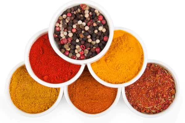 Spices in porcelain plates iaolated on white — Stock Photo, Image