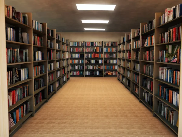 Boekenplank in bibliotheek — Stockfoto