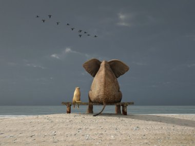 Elephant and dog sit on a deserted beach
