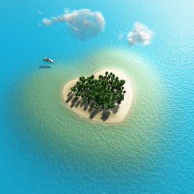 Aerial view of heart-shaped tropical island