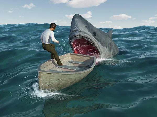 Haai aanvallen man in een boot — Stockfoto