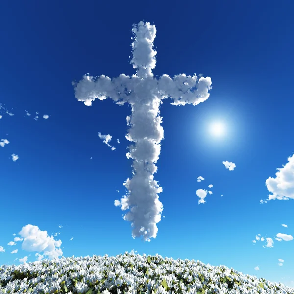 Cloudy cross in blue sky — Stock Photo, Image