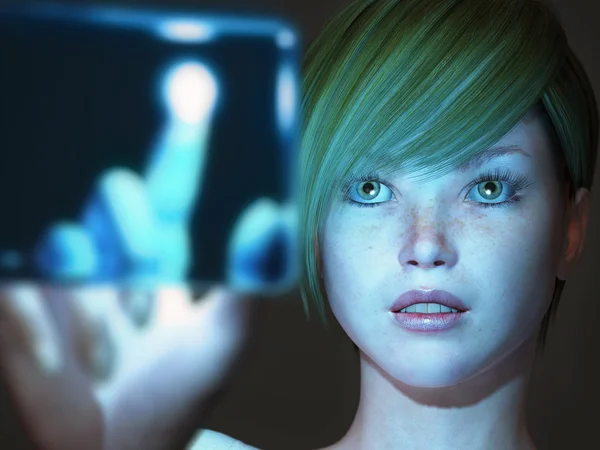 Chica tocando pantalla azul — Foto de Stock