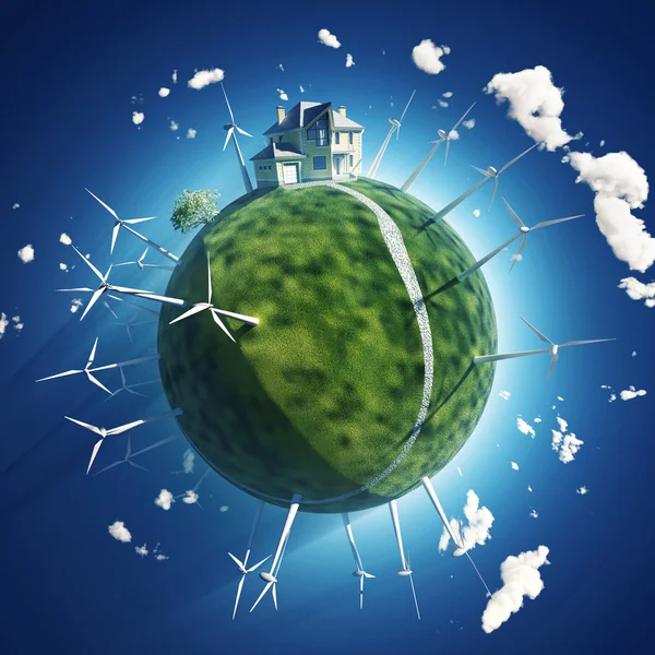 绿色星球上的房子和风力涡轮 — 图库照片