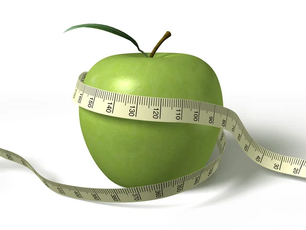 Fita métrica enrolada em torno da maçã verde — Fotografia de Stock