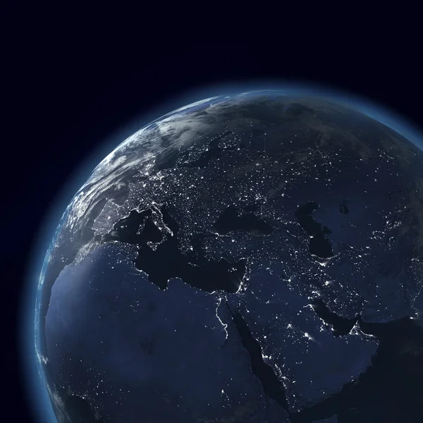晚上地球与城市的灯光、 亚洲、 欧洲、 非洲、 阿拉伯半岛 — 图库照片