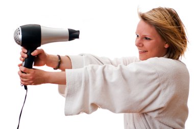 Young woman with hair dryer V1 clipart