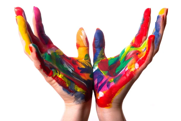 Duas mãos coloridas formam um copo — Fotografia de Stock