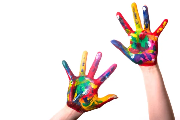 Duas mãos coloridas com espaço de cópia — Fotografia de Stock